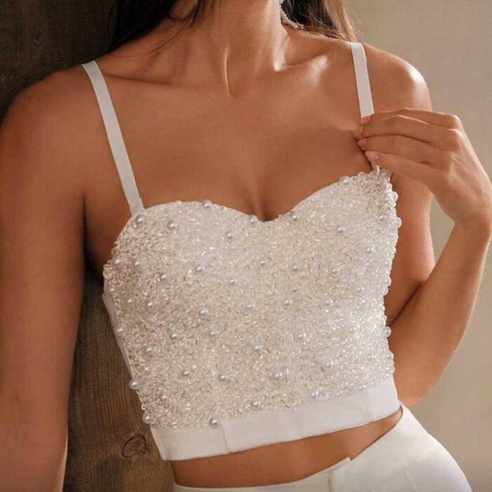 Elegant Pearl Embellished White Crop Top